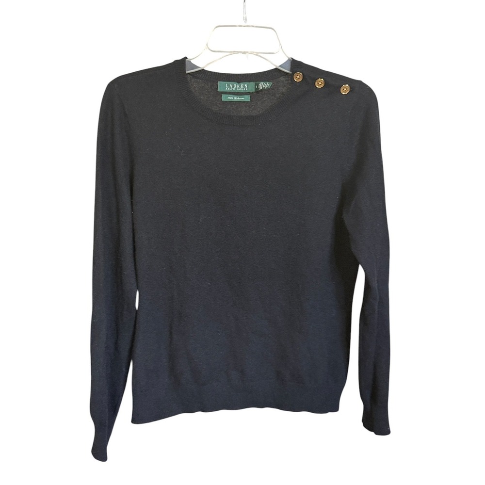 Lauren Ralph Lauren Women Black 100% Cashmere Shoulder Button Crewneck Sweater L